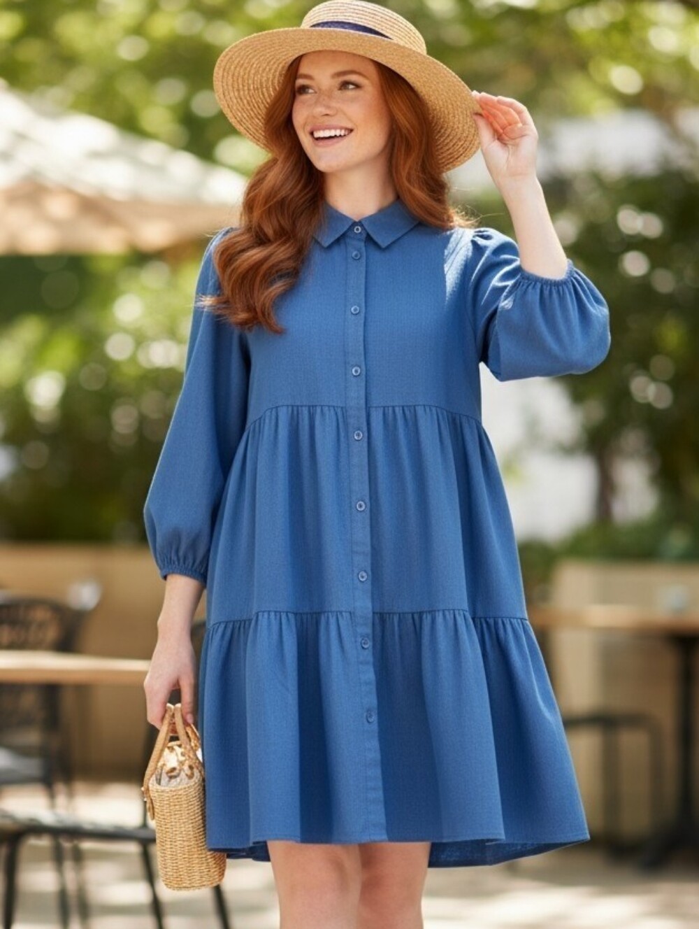 Blue Tiered Button Down Dress Romantic Babydoll Linen Blend Feminine Fall XS